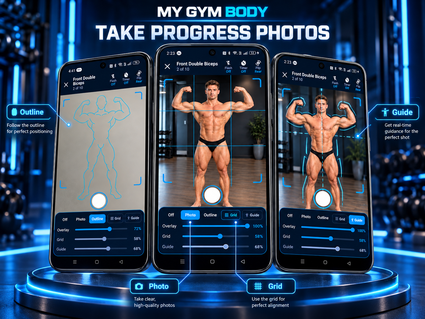 My Gym Body photo capture tools showing photo, outline, grid and guide options