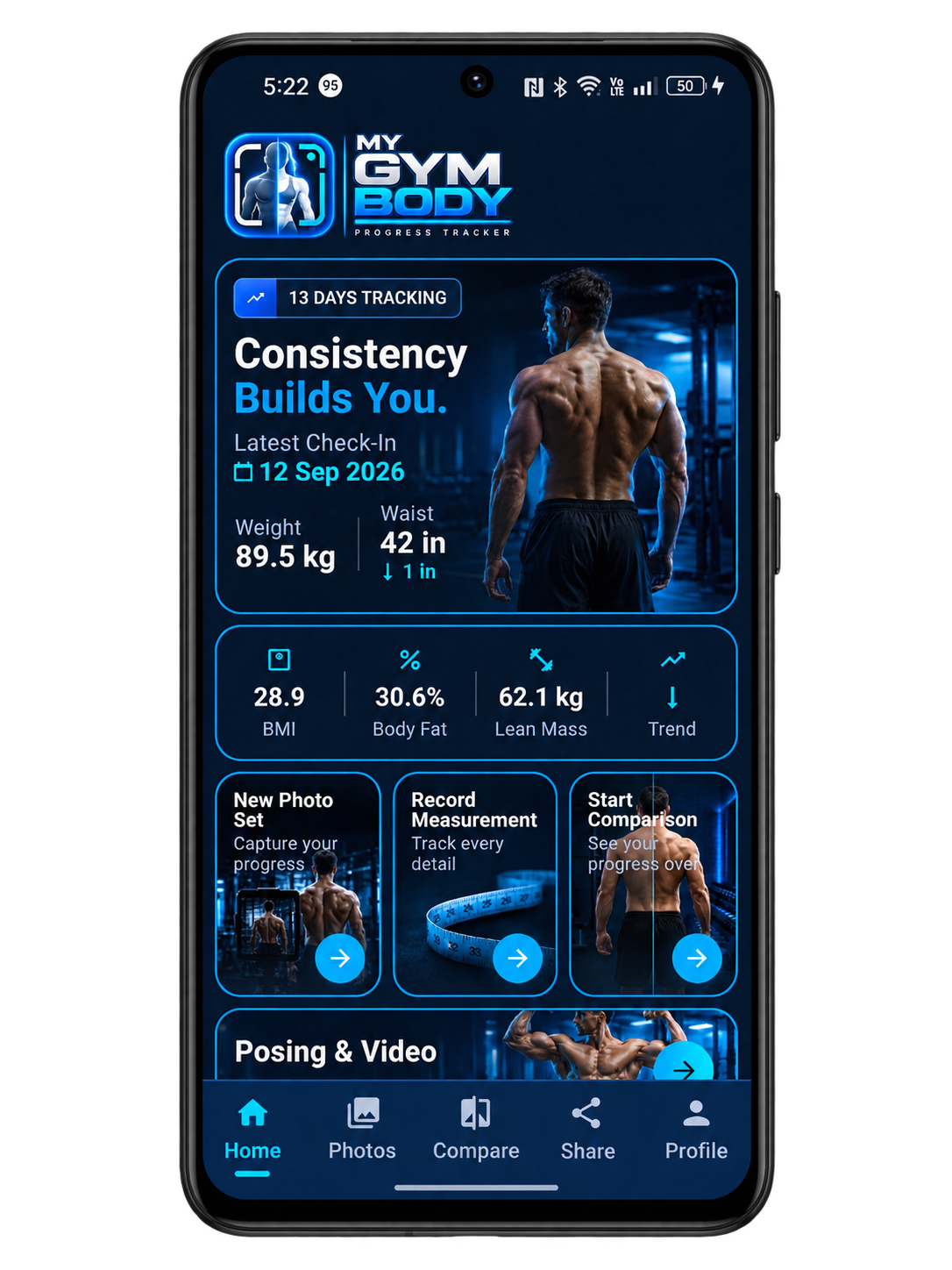 My Gym Body home dashboard showing progress tracking and quick actions