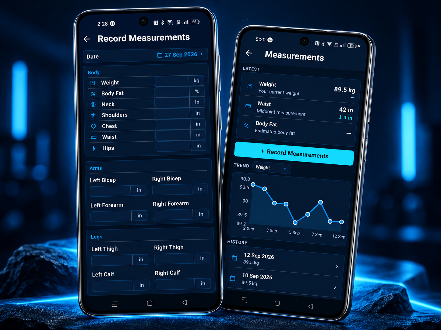 My Gym Body measurement entry and progress history screens